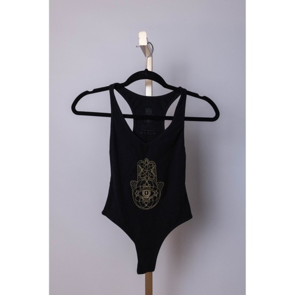 IAMVIBES Women's Hamsa Eye Racerback Black Organic Cotton Bodysuit Size S